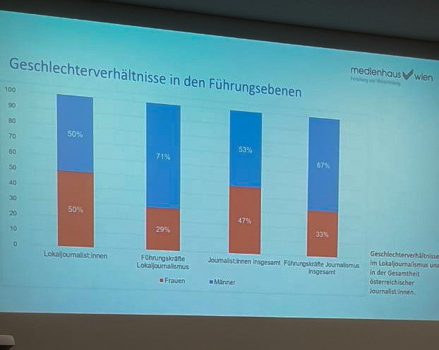 Balkendiagramme, die den Geschlechterunterschied bei Journalist*innen zeigt. Weniger als die Hälfte der Frauen haben Führungspositionen inne.