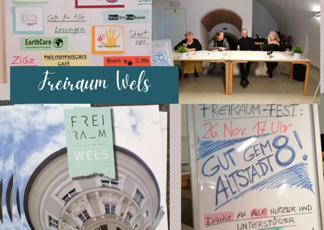 Eine Collage von verschiedenen Bildern. Eines zeigt eine Reihe von Personen, die hinter einem langen Tisch sitzen und eine Pressekonferenz geben. Die anderen zeigen Poster vom Freiraum Wels und Flipcharts mit Veranstaltungen und Sprüchen