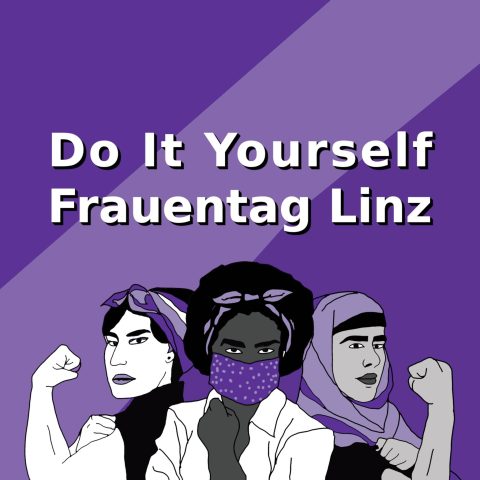 Ein Poster mit gezeichneten Personen. Sie halten kämpferisch eine Faust in die Höhe. Über den Personen steht: Do It Yourself Frauentag Linz