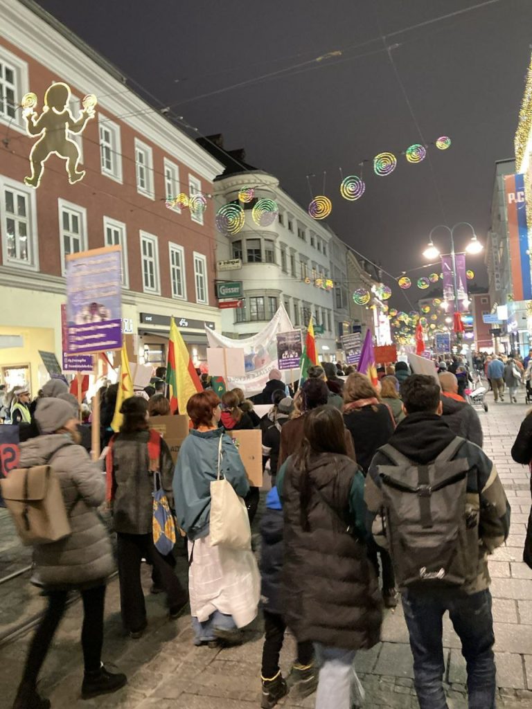 Man sieht eine Menschenmenge in Winterkleidung, die die Straße entlang läuft. Sie halten Flaggen und Schilder.