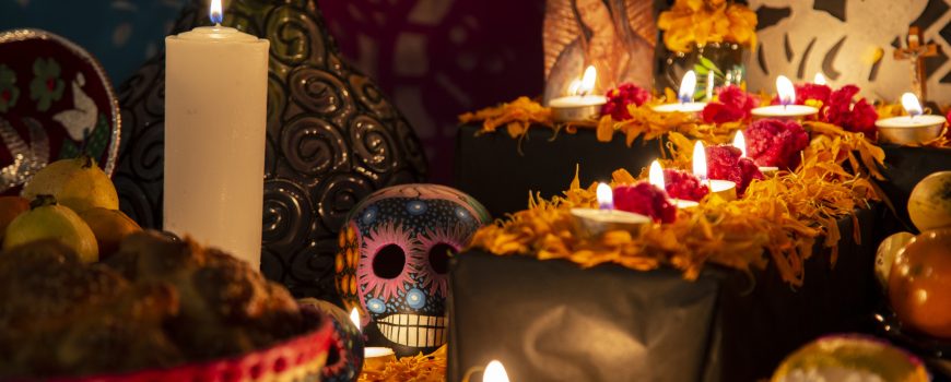 Colorful skull on colorful traditional Day of the Dead "ofrenda" Colorful skull on colorful traditional Day of the Dead "ofrenda" in Puebla, Pue., Mexico