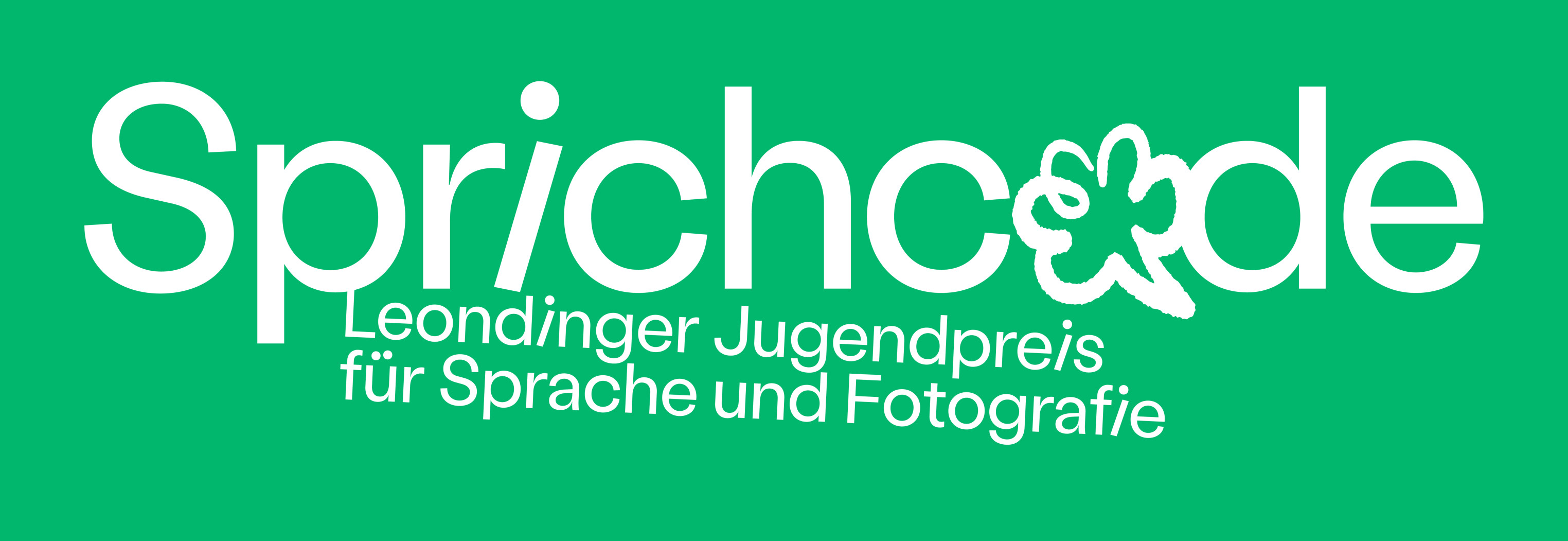 Auf grünem Hintergrund steht in weißer Schrift: Sprichcode. Leondinger Jugendpreis für Sprache und Fotografie
