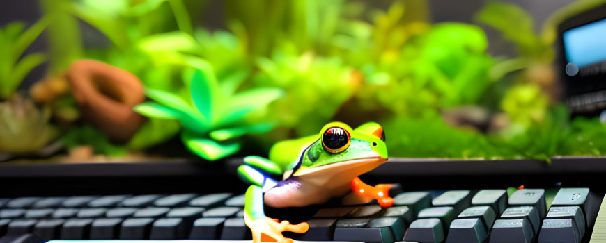 Der frühe FROsch mit Tastatur Ein Laubfrosch sitzt auf einer Computertastatur in einem Terrarium. Der Frosch ist viel kleiner als die Tastatur. im Terrarium sind viele Pflanzen.