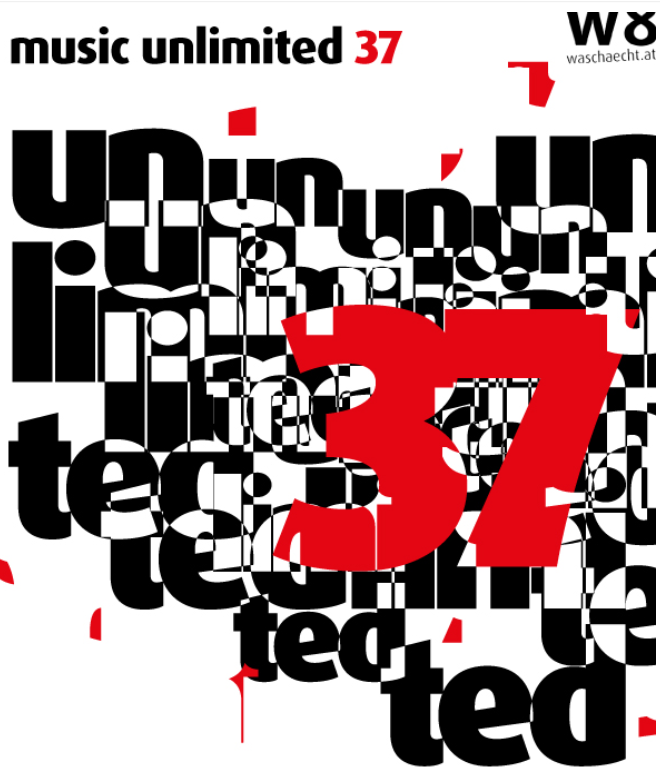 Ein Poster für das Music Unlimited. In schwarzer Schrift steht "Unlimited" darüber in roter Schrift groß "37". Die Zahl überdeckt die Wörter dahinter. 