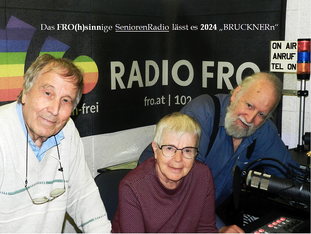 3 Personen sind in einem Radiostudio und schauen in die Kamera. Hinter ihnen hängt an der Wand ein Banner mit dem Logo von Radio FRO