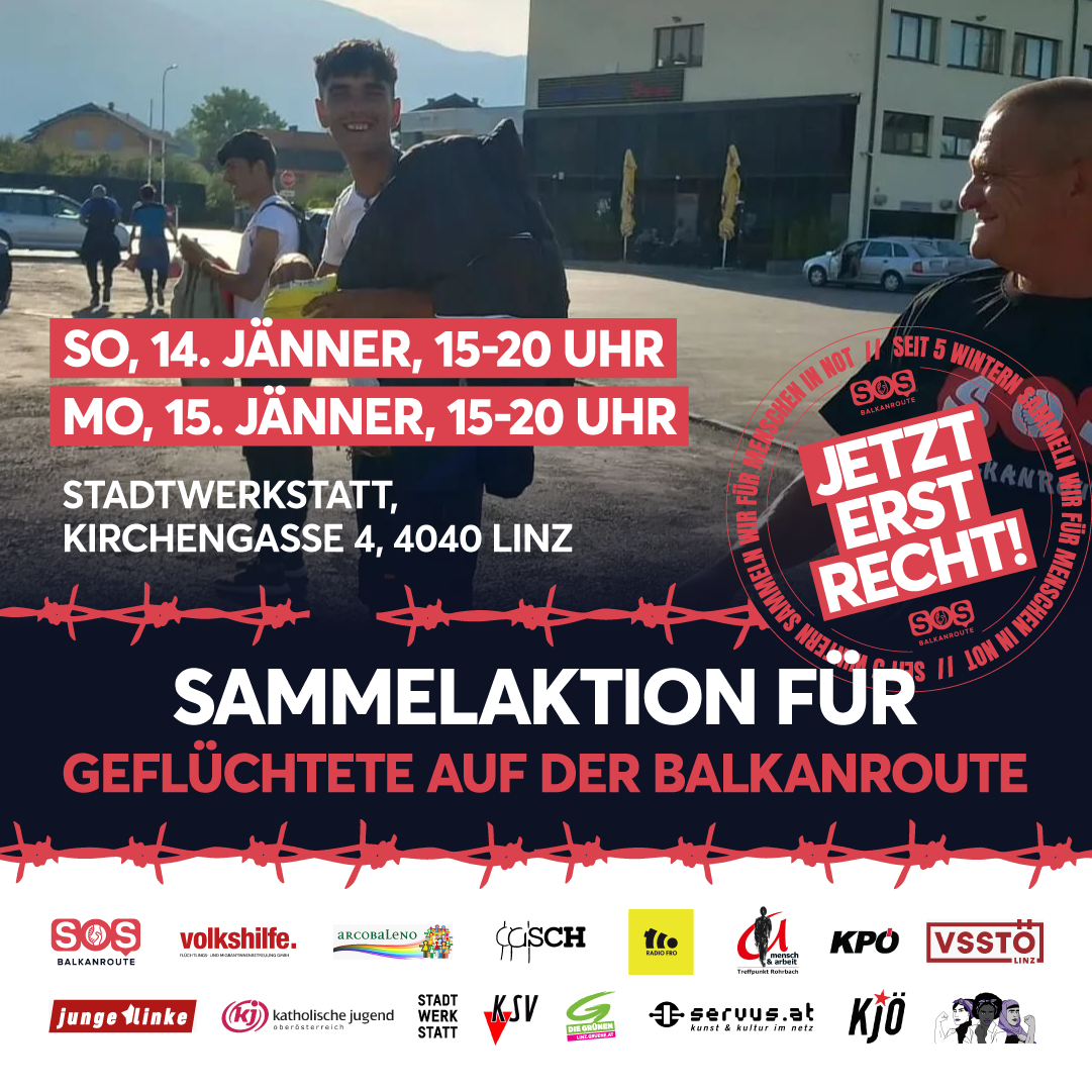 Ein Flyer für die Sammelaktion der SOS Balkanroute in der Stadtwerkstatt am 14. und 15. Jänner 2024