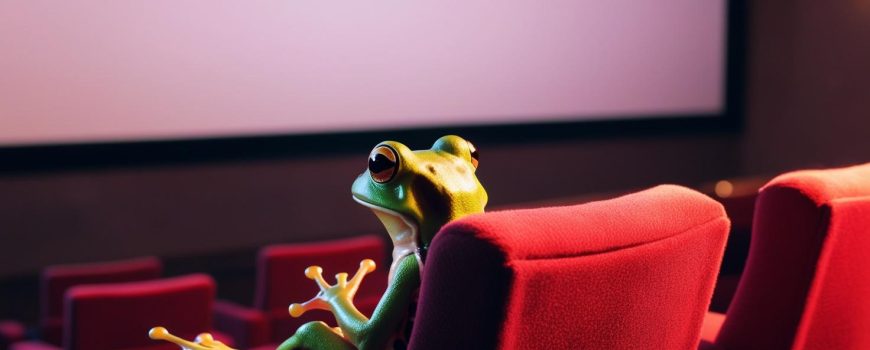 A landscape-format image (870x350 pixels) of a small green frog AI generated by Canva