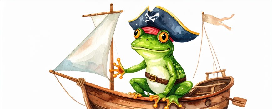 Firefly_grüner Frosch, der als Pirat verkleidet auf einem Schiff sitzt 661261