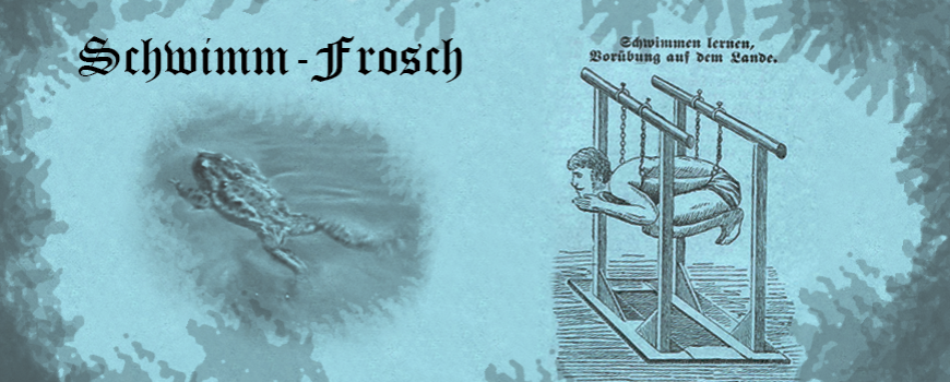 SchwimmFrosch_Banner Bild Header: Photoshop aus einen Bildausschnitt eines Videos von Ervín Pospíšil + Schwimmübung am Lande: Bilz - Das neue Naturheilverfahren (75. Jubiläumsausgabe) von 1894