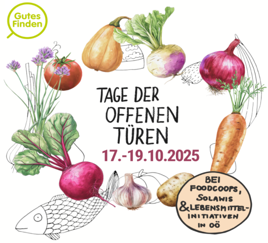Gezeichnetes Gemüse in einem Kreis angeordnet. In der Mitte steht: Tage der offenen Türen 17. - 19.10.2025