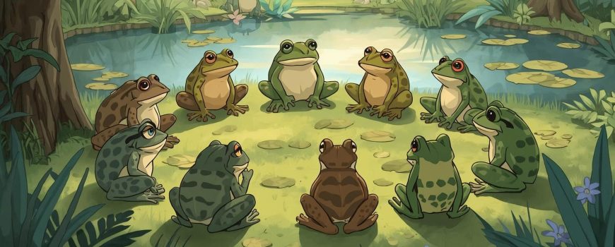 Therapiefrosch Ich benötige ein Sujet für die Morningshow _Der frühe Frosch_ im Querformat 850x350 Pixel. Zu sehen sind Frösche, die eine Gruppentherapie machen.