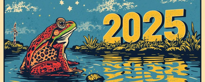 Erstelle ein Bild mit einem Frosch, der auf das Jahr 2025 zurückblickt. Der Frosch sitzt im Wasser.