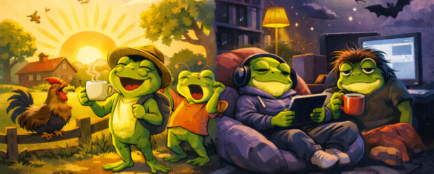 Der frühe Frosch trifft die Nachtkröte