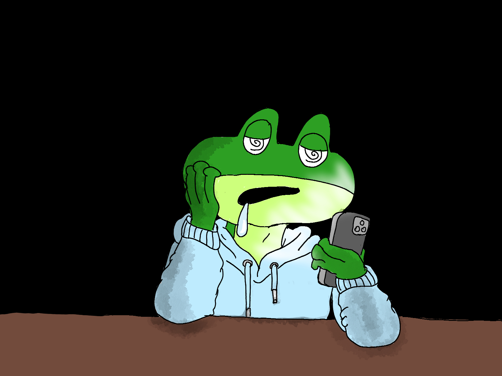 thumbnail2 Frosch sitz am Tisch mit Handy in der Hand