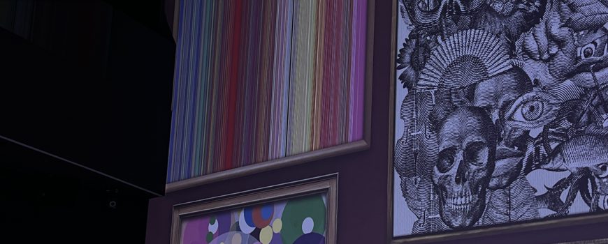 Minute Paintings Ausstellung Vier digitale Bilderrahmen in Petersburger Hängung mit verschiedenen abstrakten Kunstwerken im Deep Space des Ars Electronica Centers